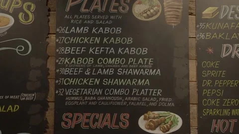 Restaurant menu board of Middle Eastern food kabobs Stock Footage 217814737