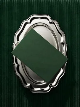 Restaurant Menu Cover Mockup on Elegant Silver Tray, Top View. Stock Photos