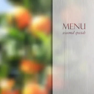 Restaurant menu design on blurred background of orange grove with semi Stock Illustration