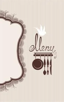 Restaurant menu design with lace table napkin and hand drawn text on stripe b Stock Illustration
