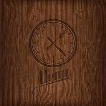Restaurant menu design with lunch time icon on wood background Stock Illustration