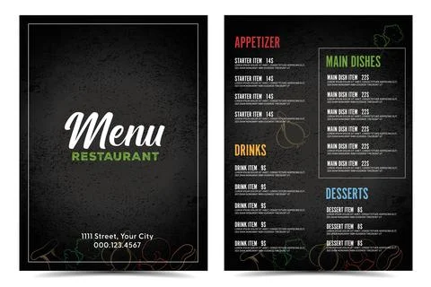 Restaurant menu front and back design layout Stock Illustration