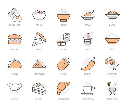 Restaurant menu line icon set. Sandwich, shawarma, soup, salad, pasta, tacos Stock Illustration