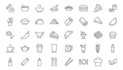 Restaurant menu line icon set. Dishes - breakfast, salad, soup, kebab, taco, wok Illustrazione stock