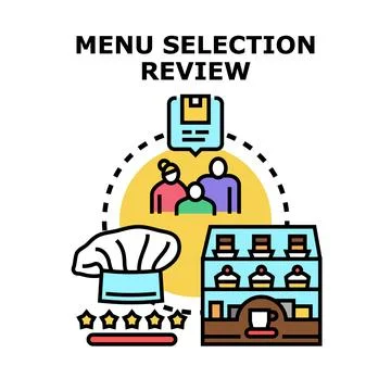 Restaurant menu selection and customer review process Illustrazione stock
