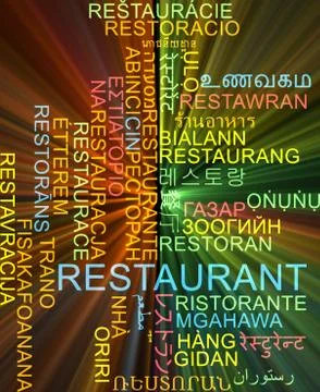 Restaurant multilanguage wordcloud background concept glowing Stock-Illustration