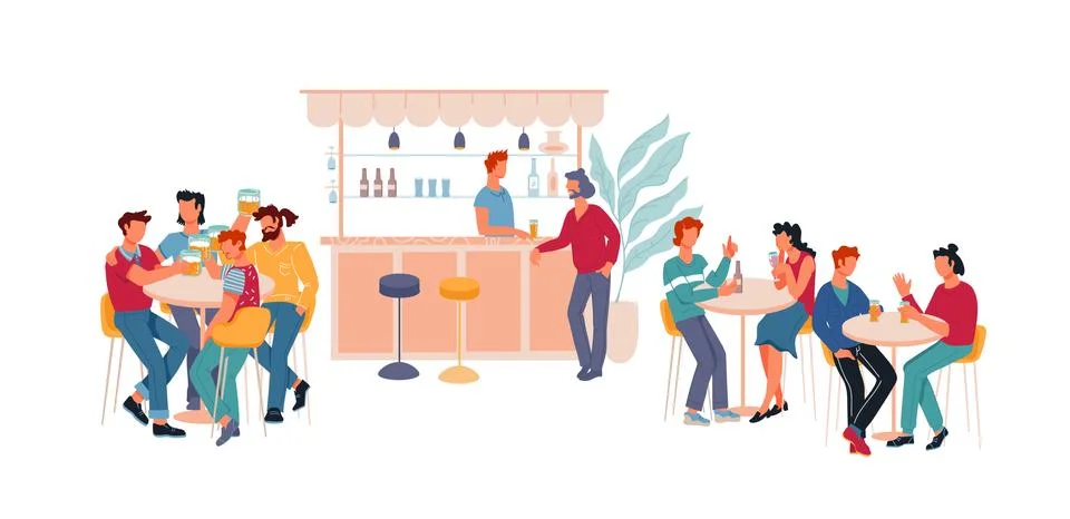 Restaurant or bar interior with people sitting at tables and drinking beer. Stock Illustration