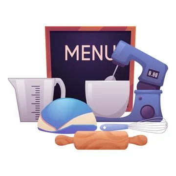 Restaurant or Cafe menu board, kitchen equipment and appliance, mixer, vector Illustration