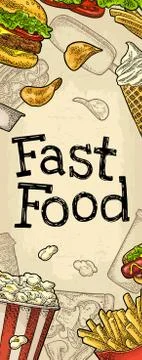 Restaurant or cafe menu Fast Food. Vintage color vector engraving Stock Illustration