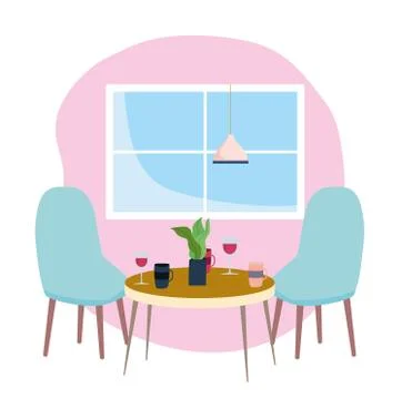 Restaurant or a cafe table chair window table with wine coffee cups Ilustración de archivo