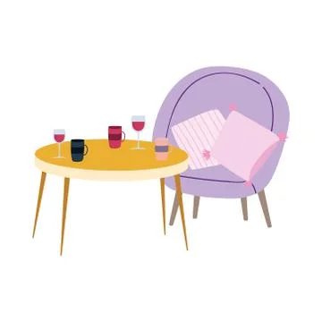 Restaurant or a cafe table chair with cushions wine coffee cups Stock Illustration