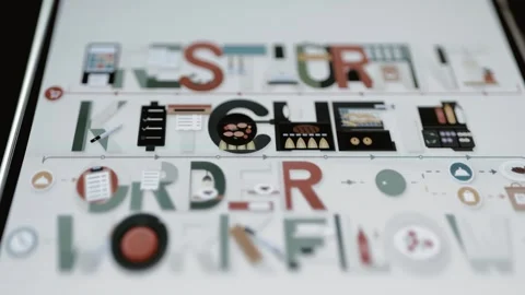 Restaurant order workflow infographic spans touchscreen Stock Footage 346604178