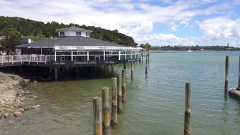 Restaurant on a pier overlooking the bay Stock Footage 312517808