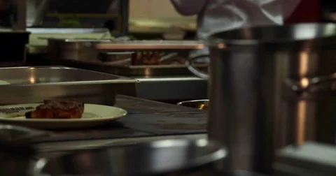 Restaurant professional kitchen interior 4k panorama video. Steel tables cooking Stock Footage 70007351