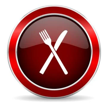 Restaurant red circle glossy web icon, round button with metallic border Stock Illustration