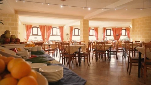 Restaurant room with buffet served Stock Footage 86736990