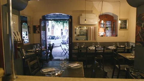 Restaurant room with set tables Stock Footage 86487084