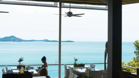 Restaurant with Sea view Timelapse Video stock 77187658