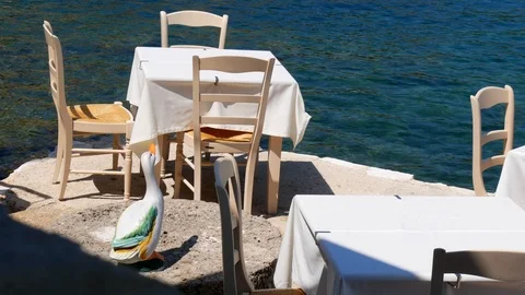 Restaurant by the sea with white table set Stock Footage 113137929