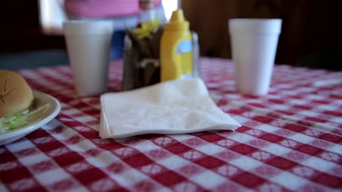 Restaurant server places burgers on table Stock Footage 236708016