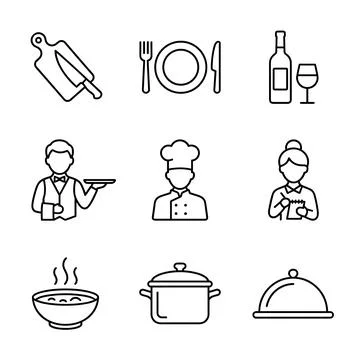 Restaurant service line icon set featuring chef, waiter, food bowl, cooking.. Иллюстрация