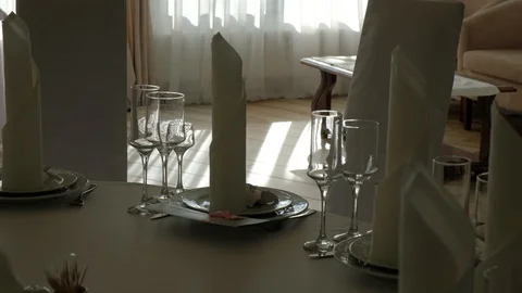 Restaurant serving. plates forks glasses for water and liquor Stock Footage 129086278