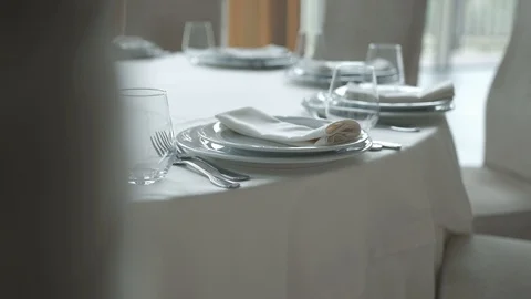 Restaurant serving. plates forks glasses for water and liquor Stock Footage 129086282