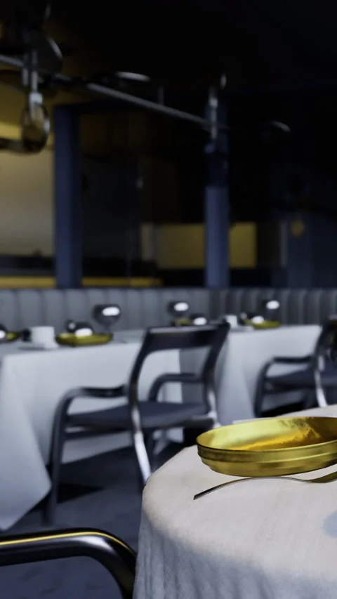 Restaurant setting with empty tables and kitchen in background during evening Stock Footage 334175553