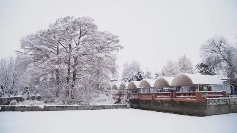 A restaurant in a snow globe Stock Footage 246346142