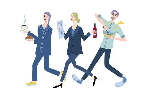 Restaurant staff. Set of cafe workers in uniform, including chef, waitress. Stock Illustration