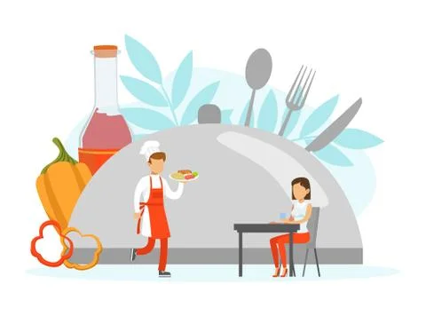 Restaurant Stuff Serving Client, Tiny Chef Character in Uniform and Cap Vector Illustrazione stock