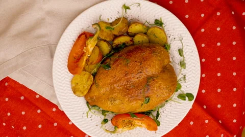 Restaurant Style Roasted Chicken Presentation Stock Footage 143115636