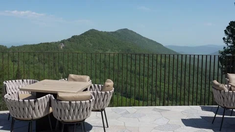 Restaurant on the summit with a view of the mountains of the Altai Republic. Stock Footage 315867433