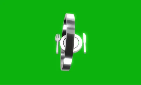 Restaurant symbol with fork plate and knife rotates on green screen backgroun Stock Footage 346499574