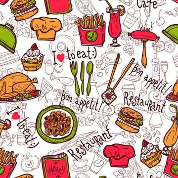Restaurant symbols seamless pattern doodle sketch Stock Illustration