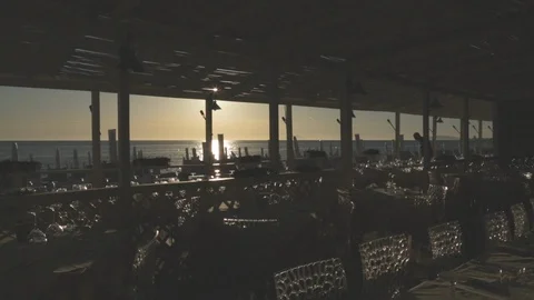 Restaurant table with background sunset landscape Stock Footage 88170874