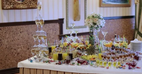 Restaurant. Table. Buffet. Drinks. Fruits. Video stock 51448468