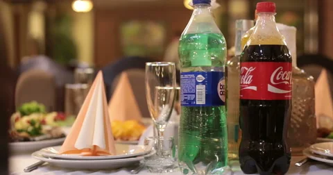 Restaurant. Table. Coca-cola and BonAqua. Stock Footage 51447690