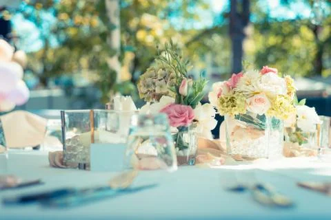 Restaurant table decorated for wedding Stock Photos