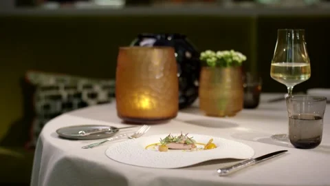 Restaurant Table With Plated Dish and Wine Glass, Fine Dining Room, Wide Shot Stock Footage 341343799
