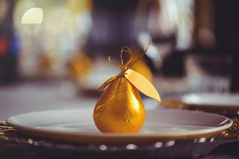 Restaurant table setout with white plates and silverware. Stock Photos