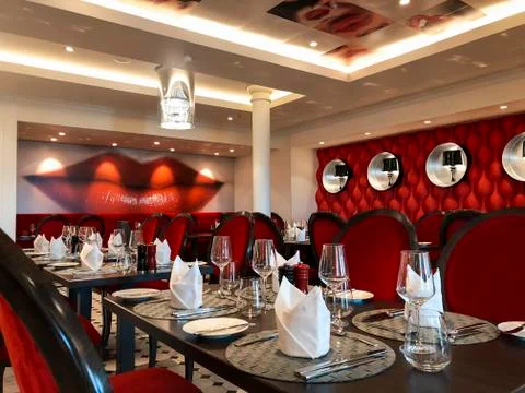 Restaurant table setting, AIDA Prima cruise ship, French Kiss restaurant Stock Photos