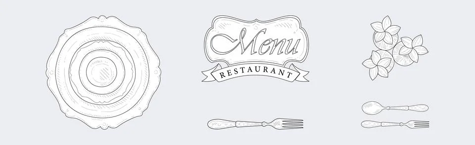 Restaurant Table Setting and Plating Items Vector Set Illustrazione stock