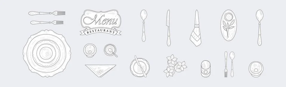 Restaurant Table Setting and Plating Items Vector Set Stock Illustration