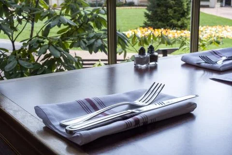 Restaurant Table Setting with Garden View at Peddler's Village PA 写真素材