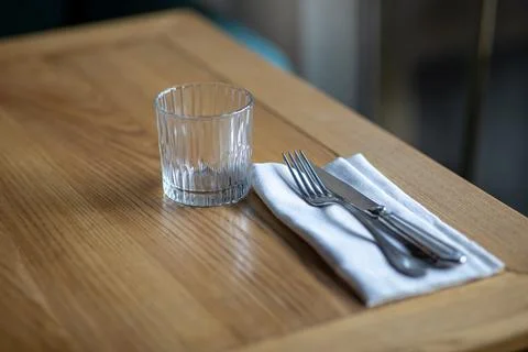 Restaurant table setting wooden tableware Stock Photos