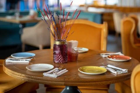 Restaurant table setting wooden tableware Stock Photos