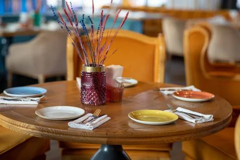 Restaurant table setting wooden tableware Stock Photos