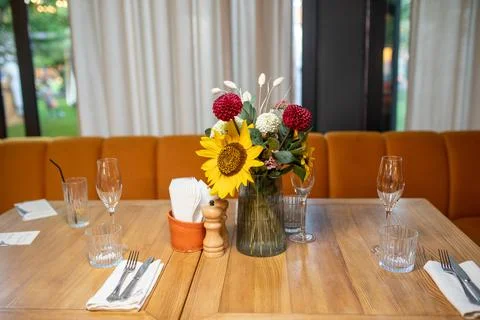 Restaurant table setting wooden tableware Stock Photos