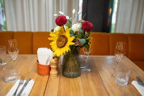 Restaurant table setting wooden tableware Stock Photos